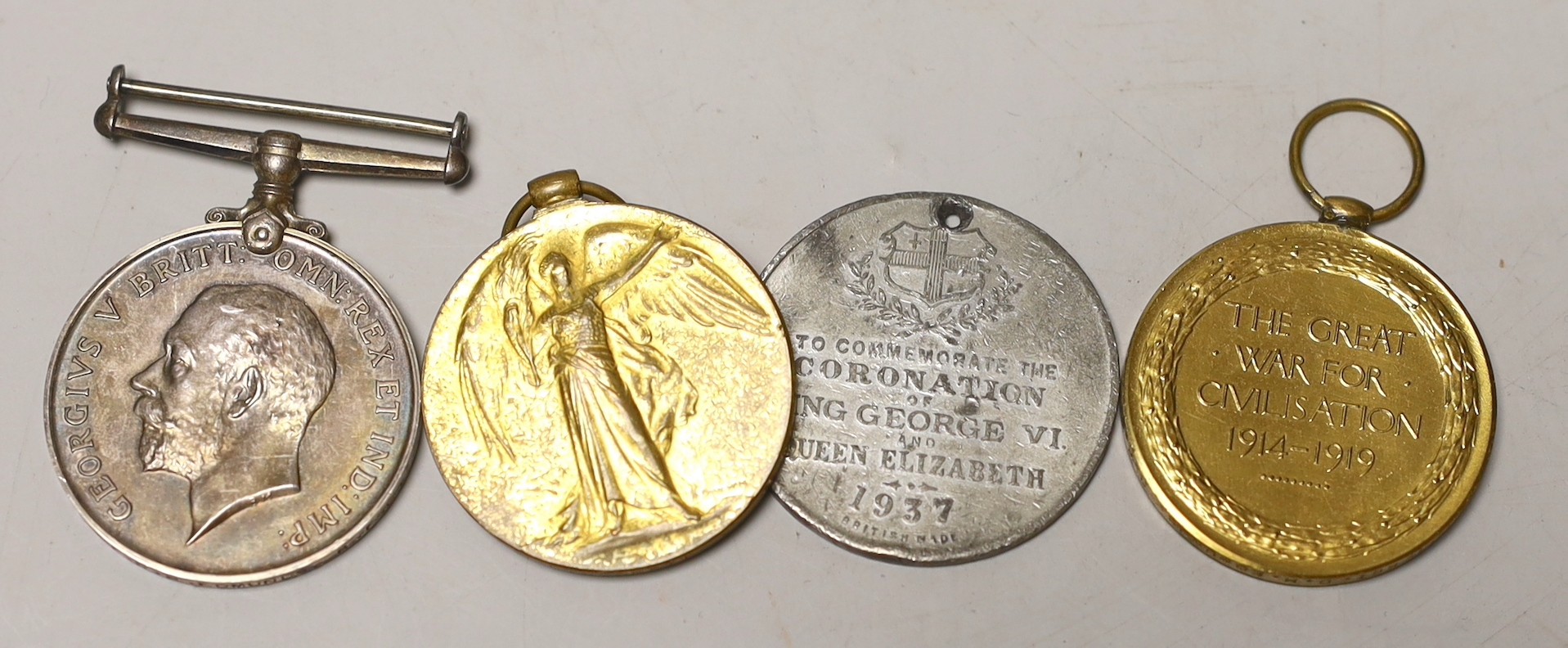 A pair of military binoculars, box of WWI and other medals, a silver card case and artist's box and pencil
